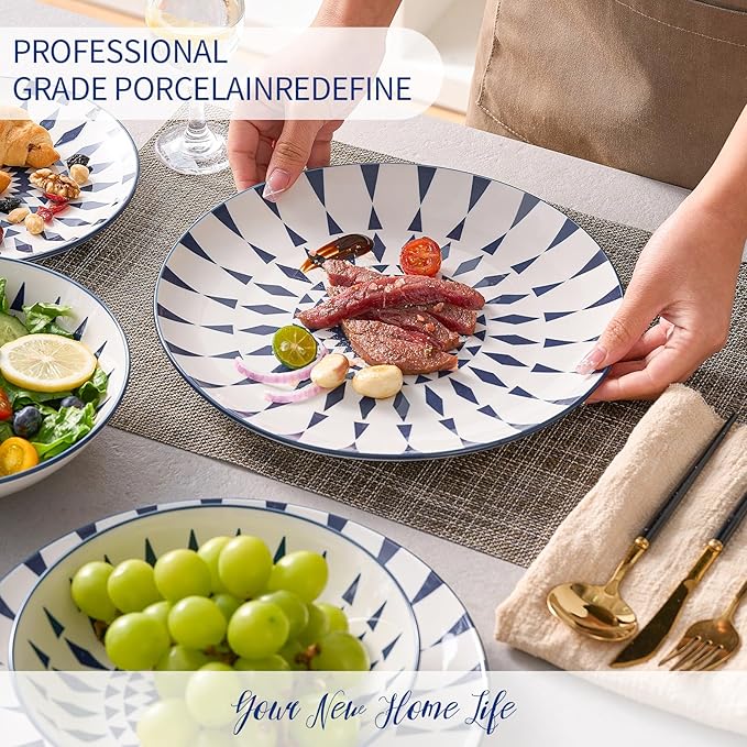 Bestone Ceramic 12-Pieces Dinnerware Sets, Ceramic Dish Plates and Bowls Sets, Dishes Set for 4, Dinner Salad Dessert Plates, and Cereal Bowls Set, Gift,Vintage Blue