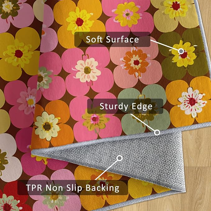 70s Floral Rugs 6x8, Retro Colorful Groovy Washable 6 x 8 Area Rug for Living Room, Bedroom, Low Pile Non Slip Stain Resistant Carpet, 70s Retro Home Decor Accessories & M845