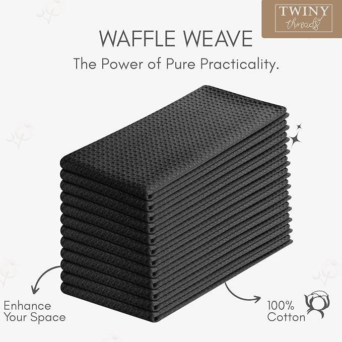 TWINY threads Dish Towel Waffle Weave, Set of 6, 16x26 Inch, Premium Large 100% Cotton Kitchen Linen Pack, Absorbent Cloths for Drying Dishes, Cookware, Quick Drying, Machine Washable, Black