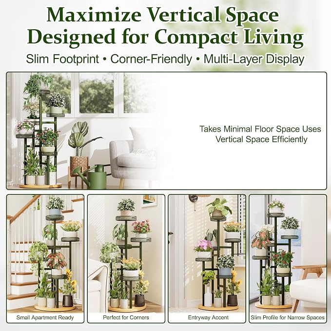 Stand Plants, 5-Tier Metal Plant Stands for Outdoor Indoor Plants,Heavy Duty Flower Pot Stands for Multiple Plants,Decoration Display Racks for Patio Garden -GreenFlower