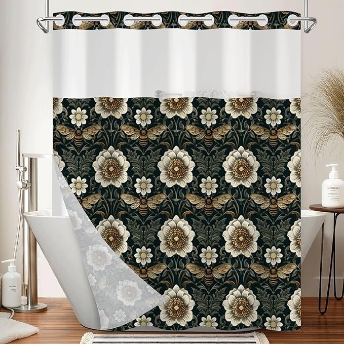 No Hook Shower Curtain with Snap in Liner Set - Vintage William Morris Floral & Bee Print Shower Curtains for Modern Farmhouse Bathroom, Waterproof Bath Tub Curtain with Mesh Top, 71Wx74H