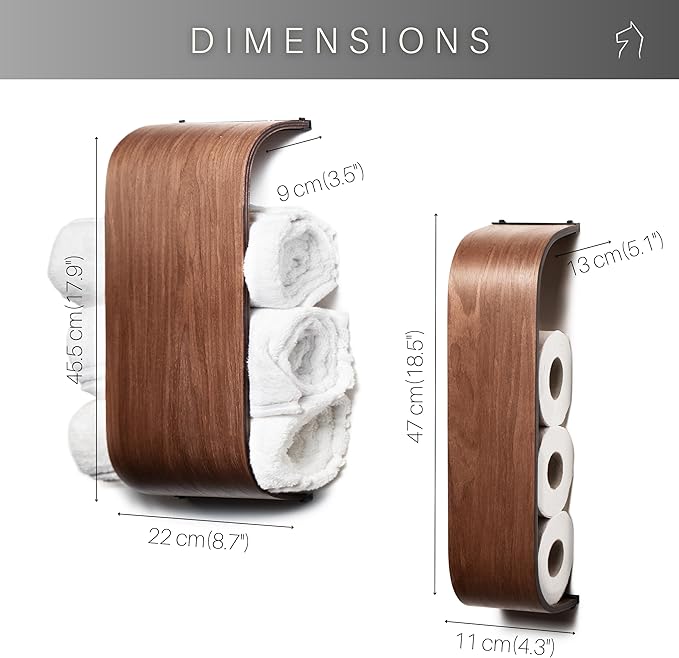 Bathroom Towel Holder, Toilet Paper Holder, Wooden Shelf, Walnut WC Roll Storage, Wall Mount Floating Rolls Rack, Unique Holders for Bathroom, TP Organizer (Oak, Wide)