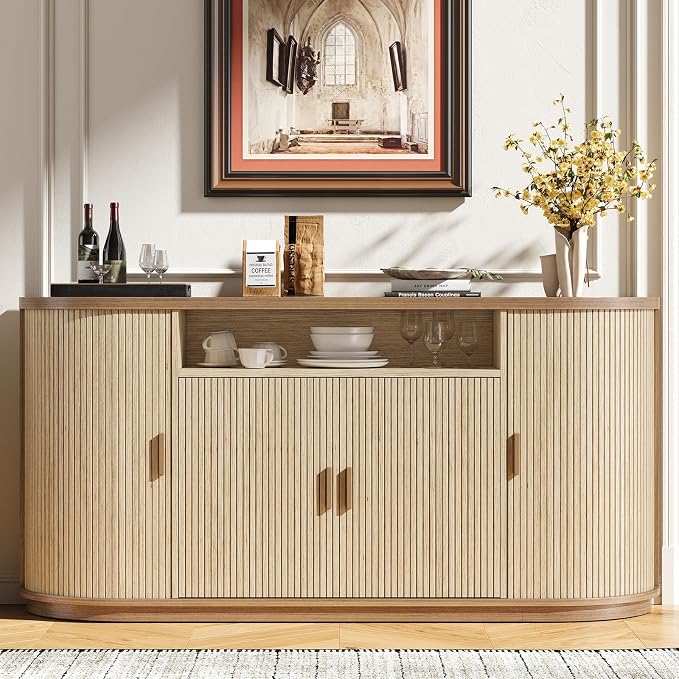 63" Sideboard Buffet Cabinet with Storage, Modern Fluted Accent Credenza with Sliding Doors, Drawers and Adjustable Shelves, Wood Coffee Bar Console Table for Kitchen, Living Room, Enrtyway (Oak)