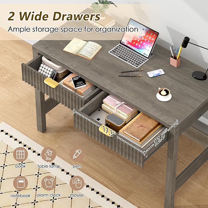 YOMILUVE Fluted Computer Desk with 2 Drawers, 39 Inch Small Computer Desk with Storage, Compact Writing Study Desk for Small Spaces, Gray