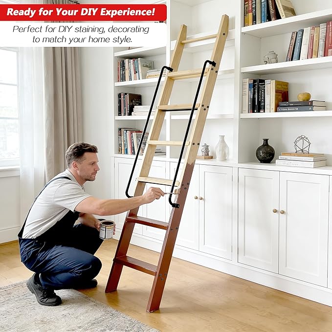 96in Attic Rolling Library Ladder, 8 Step Wooden Ladder with,Loft Ladder Bookshelf,Wall Stairs Red Oak Stair Platform Bunkbed Ladder,for Home Kitchen,Warehouses,Bookstore,DIY Stain
