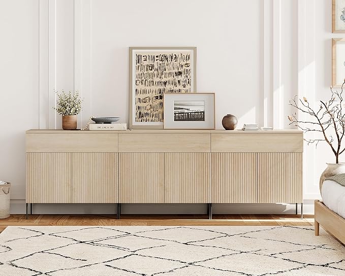 WAMPAT 94.5" W Large Sideboard Buffet Cabinet with Storage,3 in 1 Fluted Sideboard Buffet with 6 Doors, Wooden Buffet Table, Coffee Bar Wine Bar Cabinet for Kitchen, Dining Room, Living Room, Beige