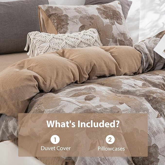 Brown Floral 100% Cotton Duvet Cover King Size, Luxury Percale Bedding Set for All Seasons - 1 Patterned Duvet Cover 104x90 Inches with Zipper Closure, 2 Pillowcases
