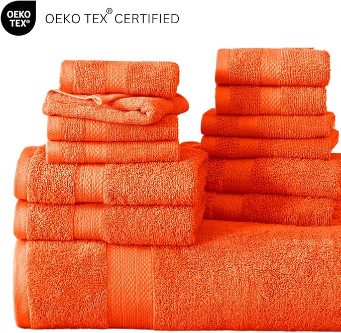 LANE LINEN 100% Luxury Cotton Bath Towel Set - Durable, Quick Dry, Ultra Soft & Highly Absorbent - 4 Bath, 4 Fingertip, 6 Hand Towel, 8 Washcloths, 2 Bath Sheets - Ring Spun Technology - Tiger Lily