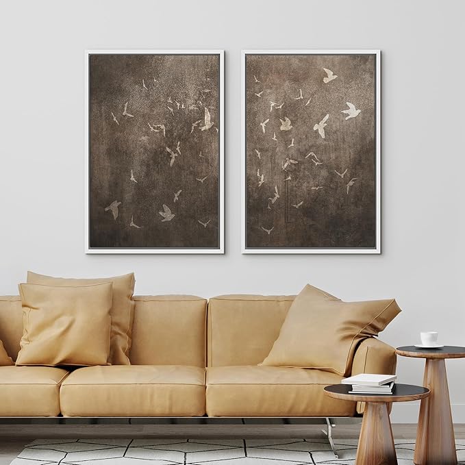IDEA4WALL Framed Canvas Print Wall Art Set Flying Birds Silhouette Rustic Neutral Tone Abstract Illustrations Modern Art Decorative Calm/Zen for Living Room, Bedroom, Office - 24"x36"x2 White