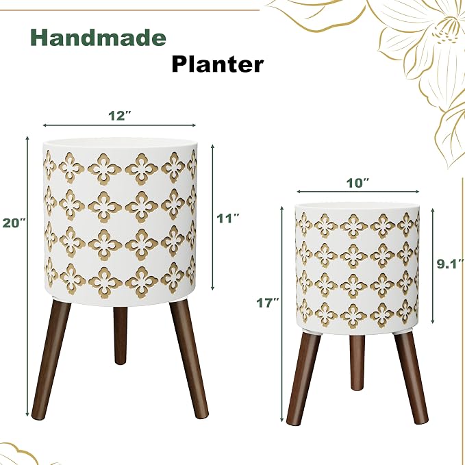 10 + 12 InchIndoor Planter with Stand Set of 2 - Large Indoor Plant Pots with Solid Oak Wood Stand and Drainage, White and Gold