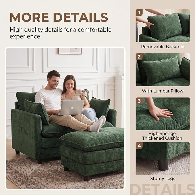 Oversized Accent Chair with Ottoman, Chenille Cloud Single Sofa Upholstered Double-Layer Seat Lounge Armchair with Pillows for Living Room Reading Apartment, Green