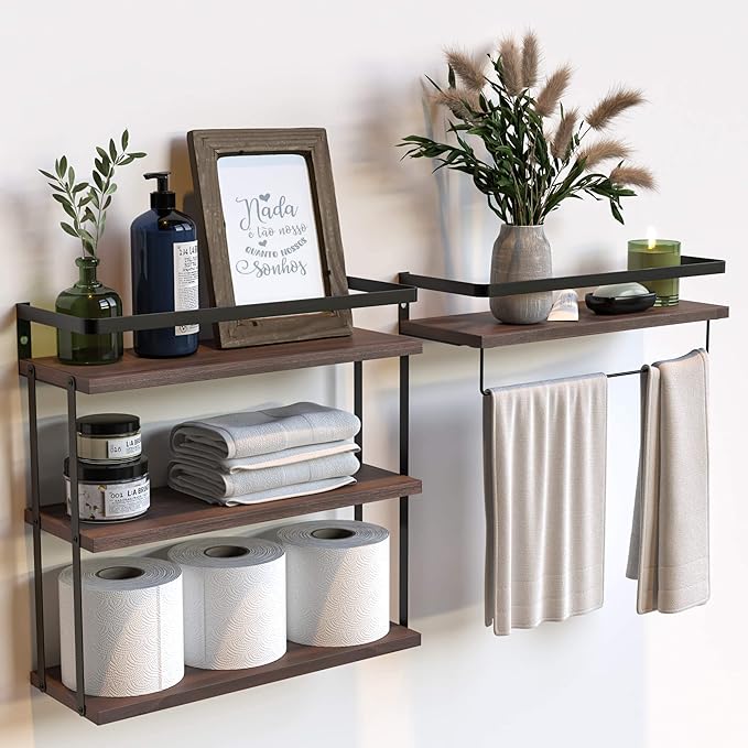 RICHER HOUSE 3+1 Tier Wall Mounted Floating Shelves Set of 2, Rustic Wood Wall Shelf with Metal Frame, Extra Storage Rack for Bathroom, Kitchen, Bedroom with Tissue Rack & Towel Bar - Rustic Brown