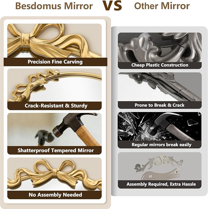 Besdomus Bow Arched Gold Mirror: 22"x30" Gold Antique Vanity Wall Mounted Mirror - Vintage Baroque Traditional Ornate for Bedroom/Bathroom/Makeup Vanity - Wall Decor for Teen Girl