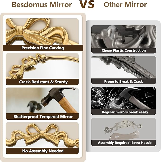 Besdomus Vintage Arched Gold Mirror: 24"x36" Large Gold Antique Bow Wall Vanity Mirror - Baroque Traditional Ornate for Bathroom/Bedroom/Living Room - Wall Decor for Housewife