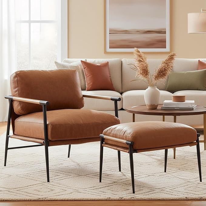 DUOMAY Mid Century Modern Accent Chair with Ottoman Set, PU Brown Upholstered Living Room Chair with Metal Legs Lazy Lounge Chair Set with Footrest for Bedroom Living Room