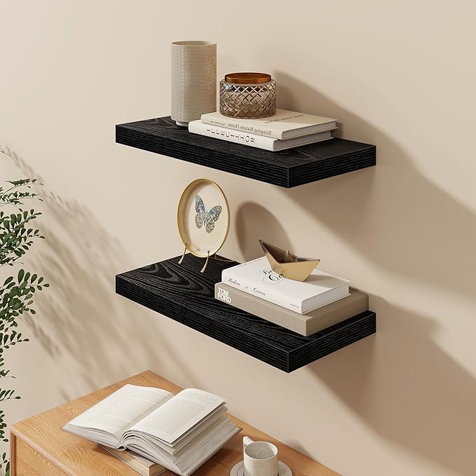 Fun Memories 24 Inch Floating Shelves in Black, 9.3 Inch Deep Floating Shelf for Bathroom Living Room Kitchen, Rusitc Wall Mounted Bathroom Shelves 2 Pack, Heavy-Duty Deep Shelf for Books Decor