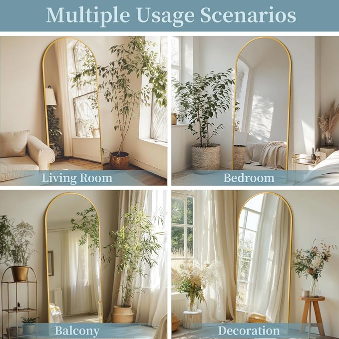 Full Length Mirror with Stand, 64"x21" Arched Full Body Mirror, Large Stand Up Aluminum Frame Floor Freestanding Hanging Leaning Mounted for Bedroom Living Room Entryway Gold