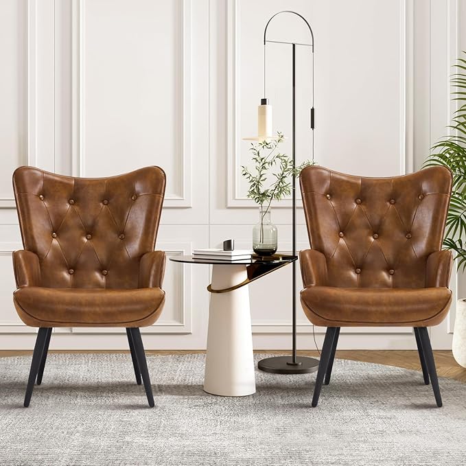 Furnimart Faux Leather Accent Chair Mid Century Modern Living Room Chairs; Comfy Armchair Leisure Vanity Guest Wingback Chair for Office Study Vanity Bedroom Waiting Room PU Yellow Brown