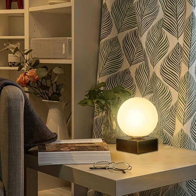 FLORNIA Globe Tble Lamp, Modern Industrial Round Table Lamp, Unique Bedside Nightstand Desk Lamp with Glass Shade and Marble Base for Bedroom, Living Room, Office Study, Decoration (Include Bulb G45)