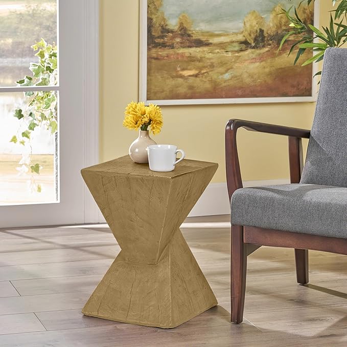 ø12.5'' Square Hourglass Side Table End Table for Living Room, Modern Retro Style, Magnesium Oxide & Light Weight for Indoor & Outdoor, No Assembly, Wood Grain, Light Natural