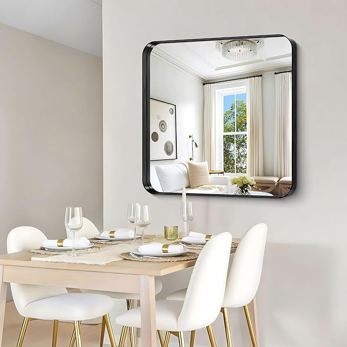 CIRCUMI Black Bathroom Mirror, 36"x36" Rectangular Mirror with Deep Metal Frame, Rounded Corner, Tempered Glass, Mirror for Wall, Oversink, Bedroom, Installed Vertically/Horizontally, Crystal-Clear