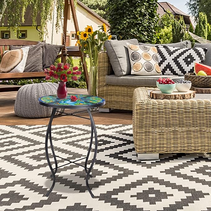 MUMTOP Outdoor Side Table - Small Mosaic Patio Tables, 14” Round Accent End Coffee Glass Plant Stand for Garden Living Room(Peacock)