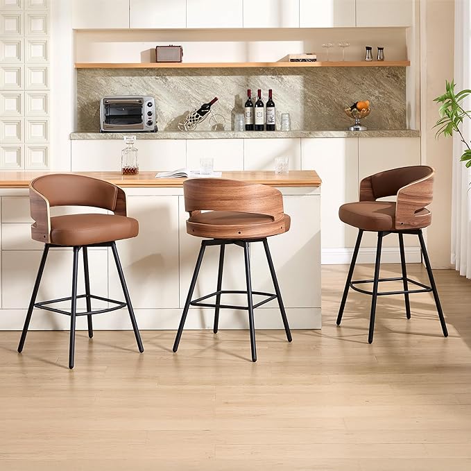 Swivel Bar Stools Set of 3, 26" Counter Height Bentwood Barstool, Upholstered Faux Leather Barstools with Walnut Back, Mid Century Modern Bar Chairs for Kitchen Island, Bar