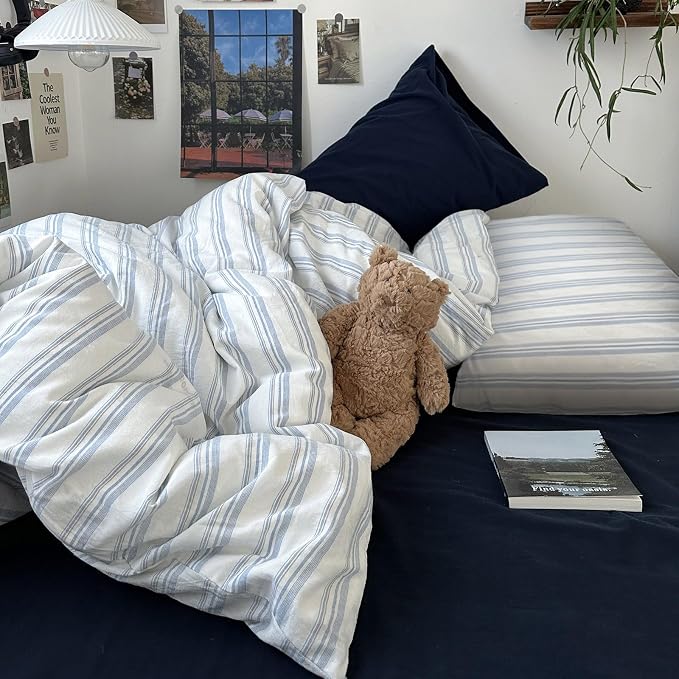 mixinni Vintage Blue & White Striped Duvet Cover Set - 3 Piece 100% Washed Cotton Twin XL Size Bedding | Minimalist Relaxed Style | Ultra Soft Breathable, with Zipper Closure & Corner Ties