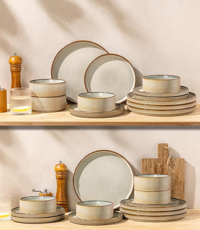 GBHOME 12-Piece Stoneware Dinnerware Set for 4 – Ribbed Ceramic Plates and Bowls, Scratch-Resistant, Microwave & Dishwasher Safe, Reactive Glaze, Reactive Glaze Green Wheat