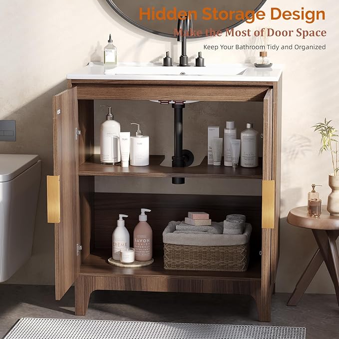VINGLI 30 Inch Bathroom Vanity with Sink, Mid-Century Modern Vanity with Ceramic Basin and Fluted Soft-Close Doors, U-Shape Storage Shelf,Free Standing Small Bathroom Sink Cabinet Combo Set,Walnut