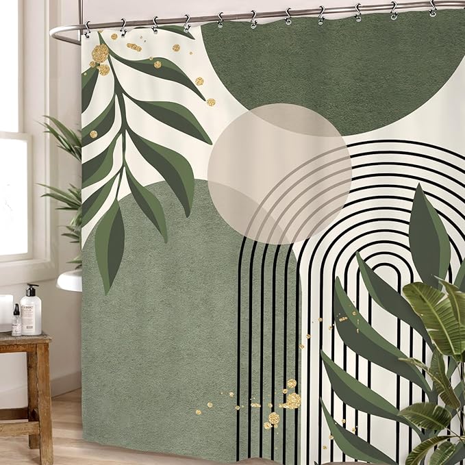 Yookeb Abstract Sage Green Bathroom Shower Curtain 60W by 71H Inch Modern Minimalist Mid Century Plant Leaves Aesthetic Neutral Geometric Contemporary 12 Plastic Hooks Waterproof Decor
