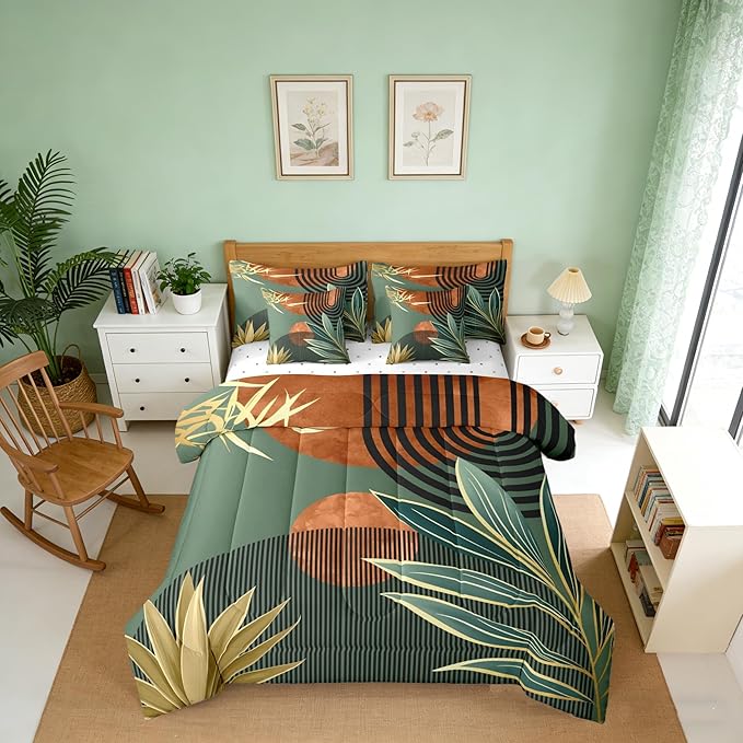 Erosebridal Mid Century Comforter Set King Size Vintage Bohemian 7 Pcs Bedding Sets,Modern Minimalist Bed in a Bag Abstract Geometric Stripes Art Quilt with Flat Fitted Sheet,Green Orange