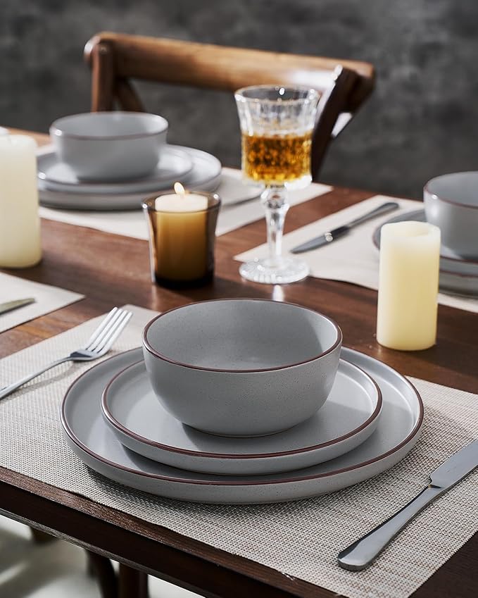 Famiware Mercury Plates and Bowls Sets, 18 Pieces Stoneware Dinnerware Sets, Dishes Set for 6, Microwave and Dishwasher Safe, Light Grey