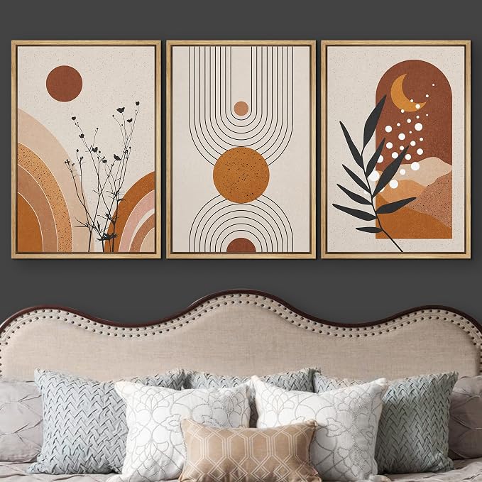 wall26 Framed Canvas Print Wall Art Set Boho Mid-Century Geometric Forest Plant Planets Nature Abstract Illustrations Modern Bohemian Decorative for Living Room, Bedroom, Office - 24"x36"x3 Natural