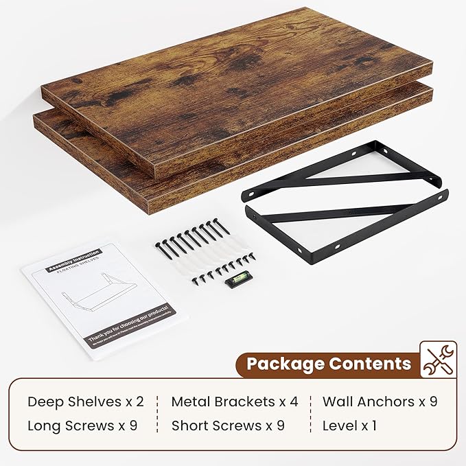 Deep Wall Shelves 24"W x 12"D Engineered Wood Floating Shelves for Wall, Sturdy Metal Bracket Bookshelves Home Decor Storage for Living Room Bedroom Bathroom Kitchen, Set of 2, Rustic Brown Finish