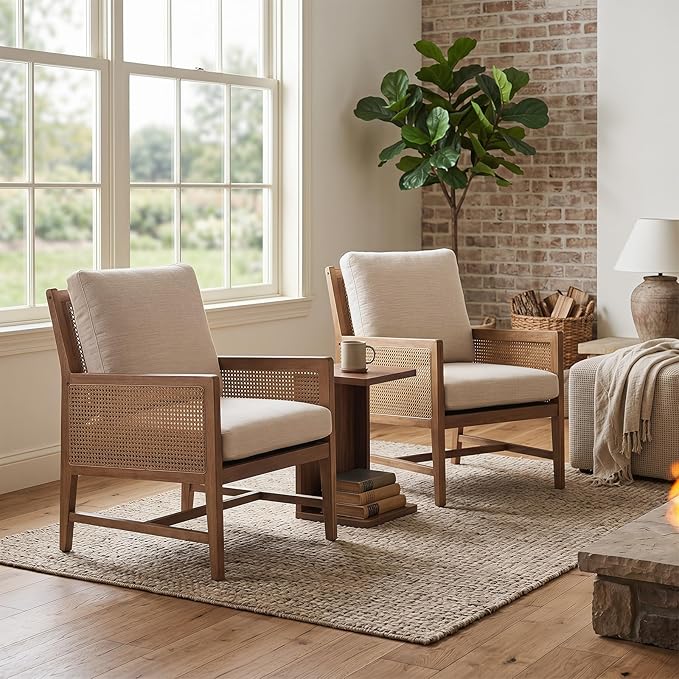 chairus Mid-Century Modern Accent Chairs Set of 2, Upholstered Solid Wood Armchairs with Cane Armrests & Slat Back, Comfy Rattan Reading Chairs for Living Room Bedroom Guest Room, Beige Linen