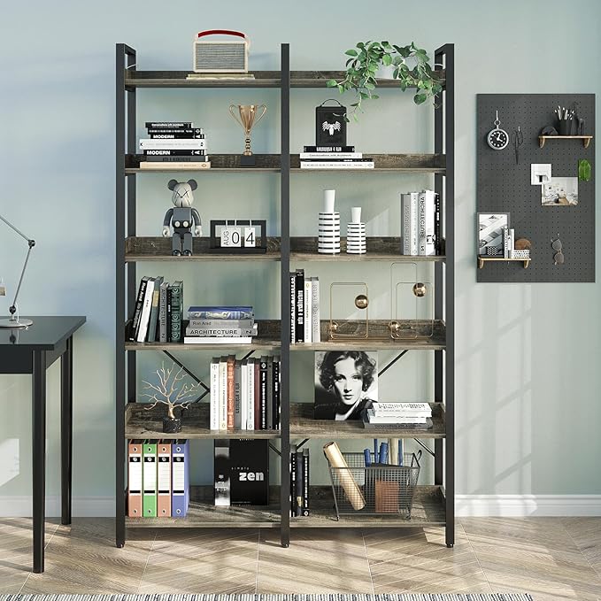 Seventable Bookshelf 6 Tier with 4 Hooks, 67” Industrial Wooden Bookcase, Vintage Storage Rack with Open Shelves, Rustic Standing Bookshelves Metal Frame 43.3” Wide Display Rack, Rustic Brown