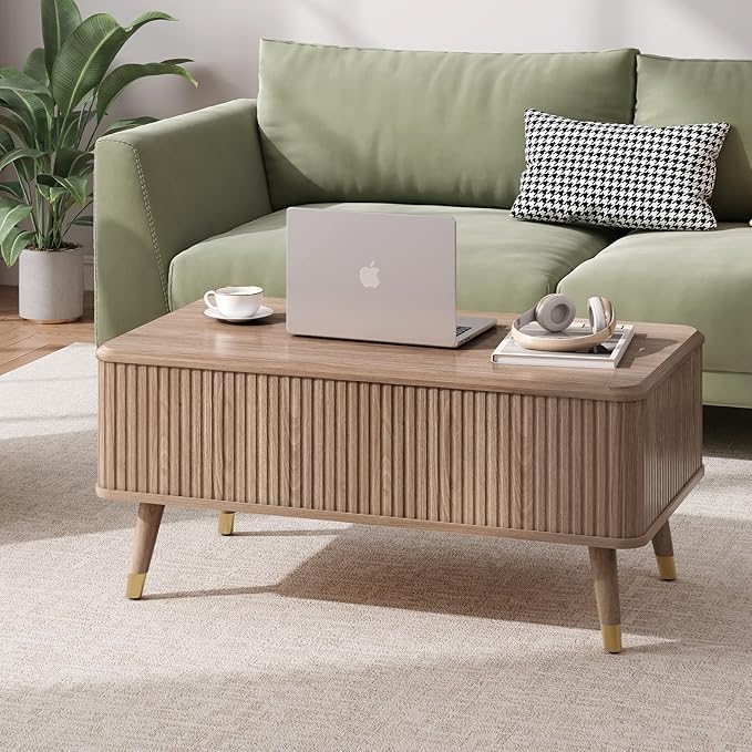 Lift Top Coffee Table with Storage, Mid Century Modern Rectangular Center Table, Fluted Design with Hidden Compartment, Rising Desk for Work from Home, Living Room Furniture, Oak Finish