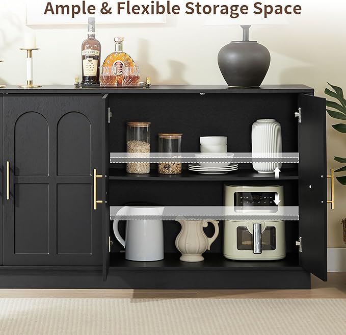 66.5" Sideboard Buffet Cabinet with Storage, Modern Credenza with Arched Doors, Large Wood Accent Cabinet for Living Room Entryway (Black)