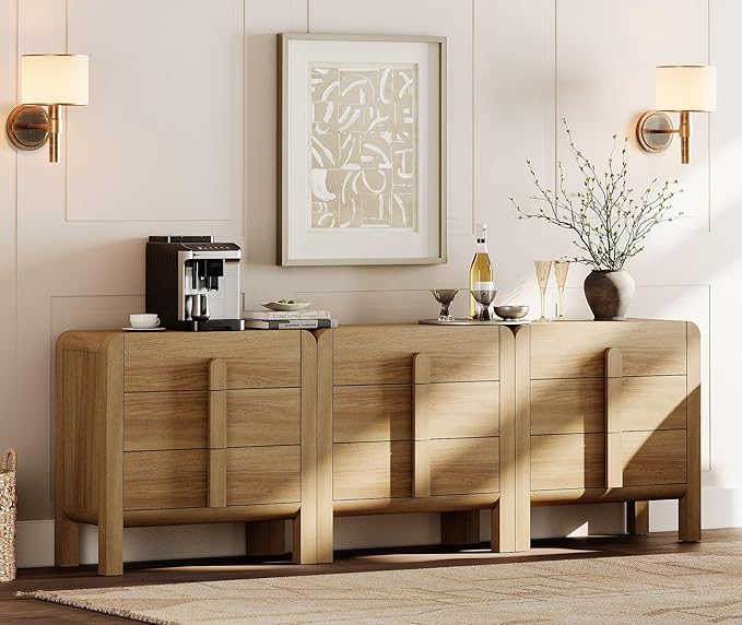 WAMPAT 94.5" W Large Sideboard Buffet Cabinet with Storage, Modern 3 in 1 Buffet Cabinet with 9 Drawers, Wood Credenzas Console Coffee Bar Cabinet for Kitchen, Living Room, Walnut