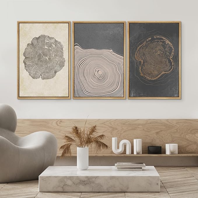 SIGNWIN Framed Canvas Print Wall Art Set Pastel Gray Wood Tree Ring Spirals Nature Abstract Drawings Modern Art Decorative for Living Room, Bedroom, Office - 16"x24"x3 Natural