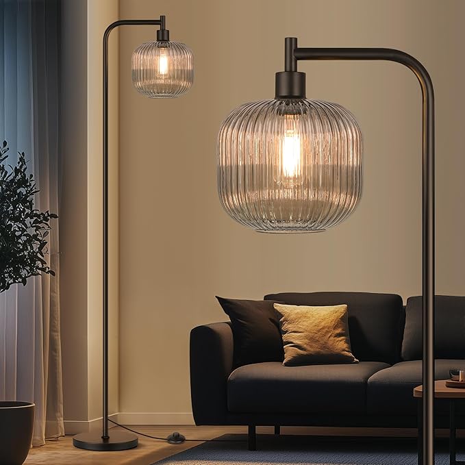 QiMH Glass Floor Lamp for Living Room, Modern Standing Lamp with Ribbed Grey Glass Lampshade Pedal Switch, 67” Tall Lamp for Bedroom Study Room, Black (2700K LED Bulb Included)