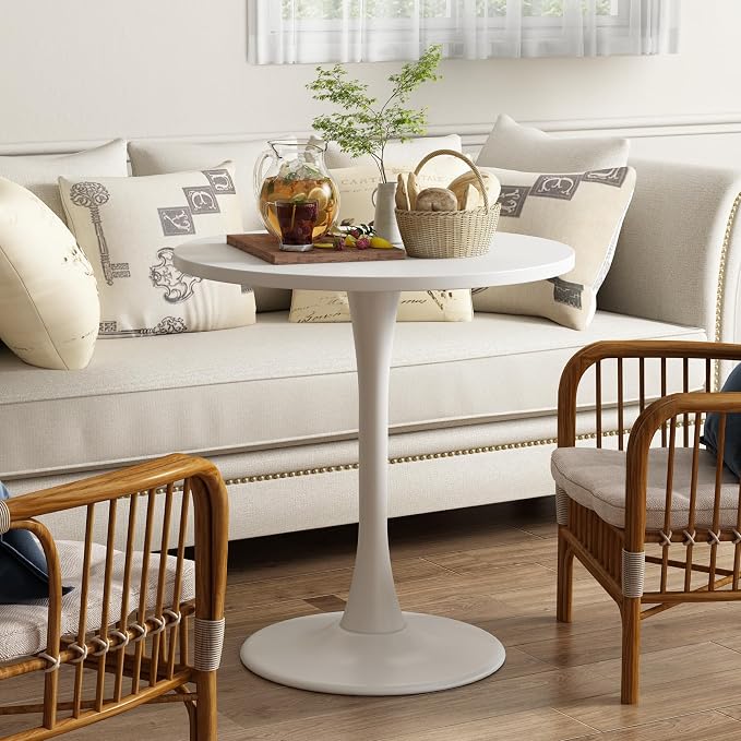 Round Dining Table 27.5" Circle Tulip Table with Wood Thickened Tabletop & Sturdy Metal Pedestal Mid Century Modern Leisure Bistro Kitchen Tables 4 People Small Places Living Room Cafe,White