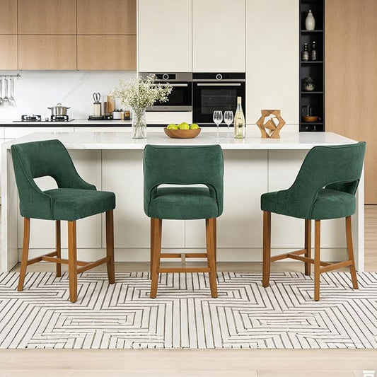 ClinQ Bar Stools Set of 3, 26" H Counter Height Bar Stools with Backs, Modern Upholstered Accent Barstools with H-Shaped Footrest for Kitchen Island, Dining Room and Bar, Green-Walnut Legs