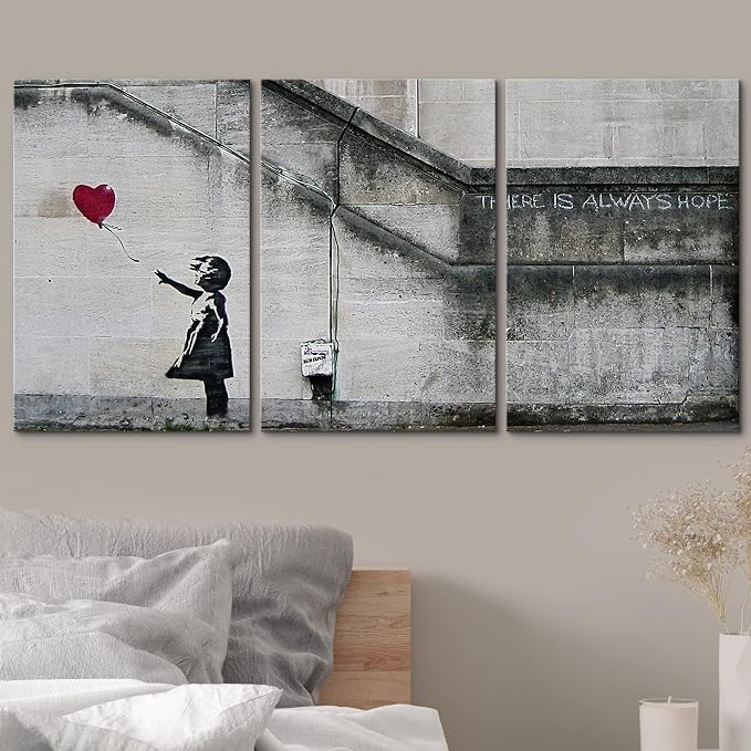 wall26 - 3 Piece Canvas Wall Art - There is Always Hope - Girl and Red Heart Balloon - Street Art - Guerilla - Modern Home Art Stretched and Framed Ready to Hang - 24"x36"x3 Panels