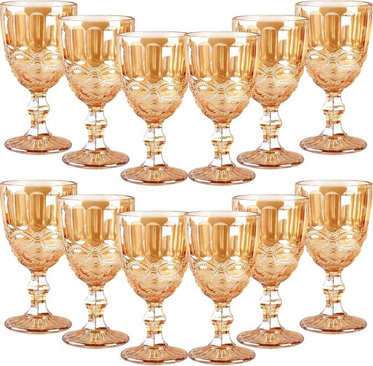 12 Pcs Vintage Wine Glasses, 10 Ounces Colored Glass Water Goblets, Unique Embossed Pattern High Clear Stemmed Glassware Wedding Party Bar Glass Drinking Cups, Floral Amber Glasses Set of 12
