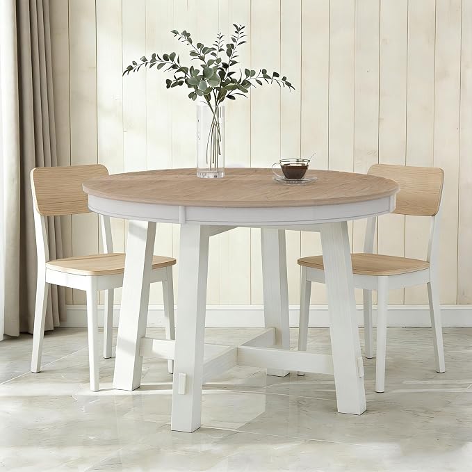 Bellemave 42"-58" Extendable Dining Table for 4-6, Solid Wood Oval Dining Kitchen Table with Removable Leaf, Farmhouse Circle Desk for Kitchen Living Room Space Saving (Natural+White)