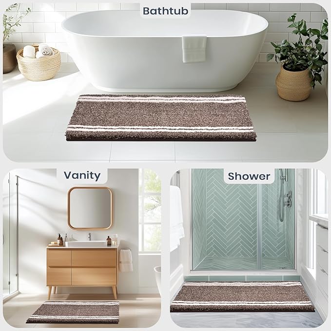 PURRUGS Bathroom Rug Non-Slip Machine Washable 20" x 30", Super Absorbent and Quick Dry Shaggy Microfiber Bath Mat, Extra Soft and Plush Bath Rug for Bathtub, Shower, and Sink, Brown