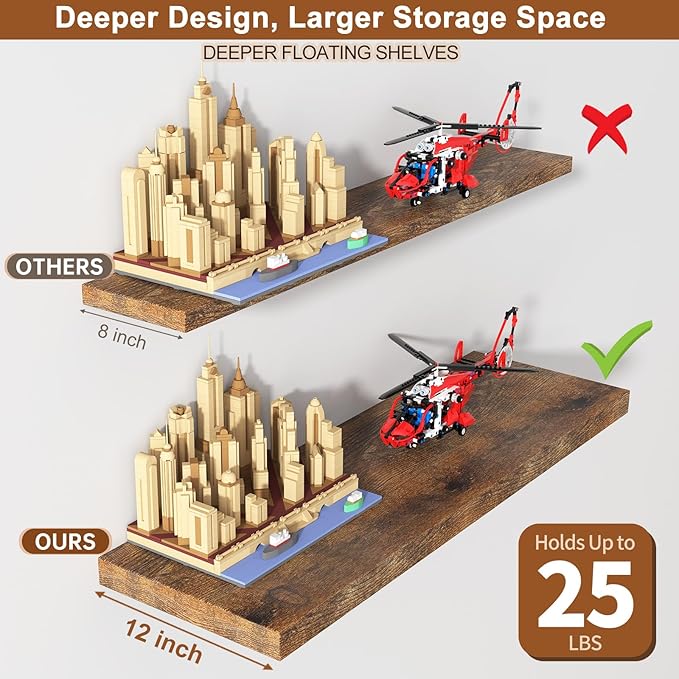 36" W x 12" D Large Floating Shelves for Wall Deep Floating Shelves for Wall 1 Pack Floating Shelf Large Storage Space Wall Mount Shelf for Living Room Kitchen Bathroom Rustic Brown