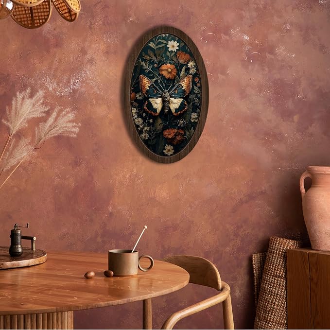 UYIKG Vintage Moth Wall Art Decor,Cottagecore Moth Floral Oval Wall Decor,Gothic Witchy Mystical Oval Wooden Framed Decorations for Theme Room Home Bedroom Living Room 9x14.6 in